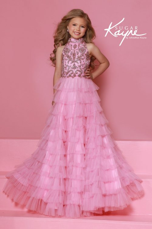 Pink high-neck ruffle pageant dresses with rhinestone-embellished bodice and layered skirt, ideal for children's beauty pageants.